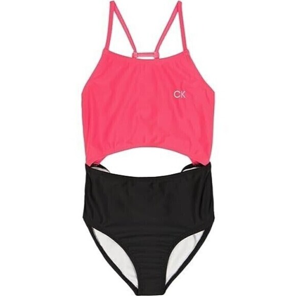 Calvin Klein Big Girls Cutout Color Block Bikini Swimsuit One Piece Pink Black 7 - Picture 1 of 2